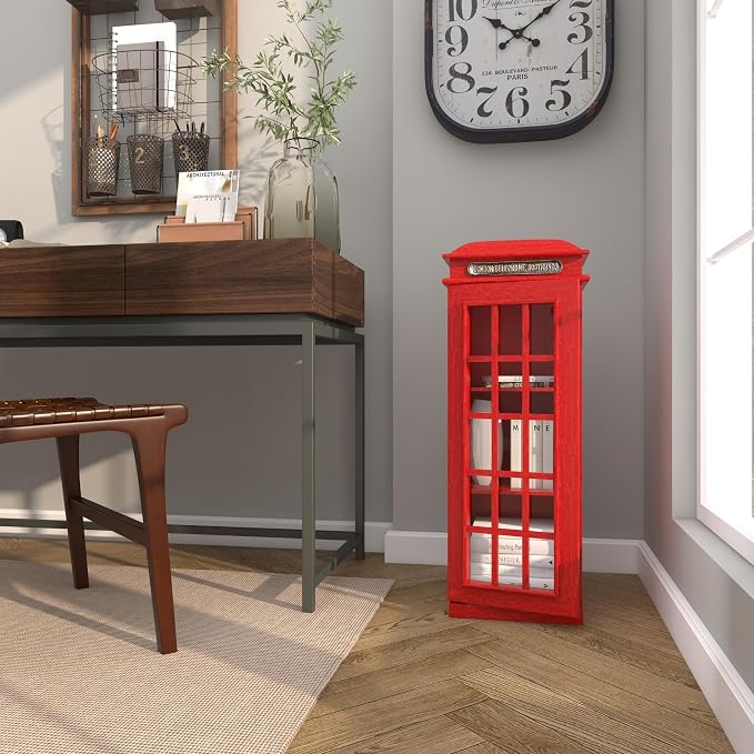 Deco 79 Wooden Vintage Telephone Booth Accent Cabinet, 11" x 9" x 30", Red | London telephone booth, storage cabinet, 3 shelves, red bookshelf