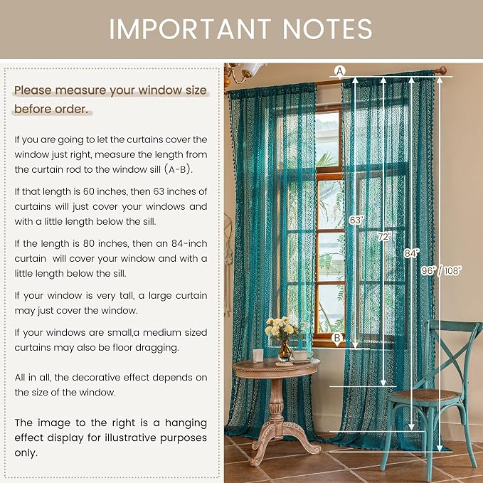 WAZZIO Boho Lace Curtains 63 Inches 2 Panel,Light Filtering Privacy Tassel & Geometry Crochet Semi Sheer Curtain Drapes for Bedroom Living Dining Room,Rod Pocket & Tassel,Coastal Style,Teal