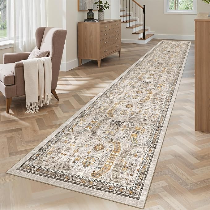 Madane Washable Runner Rugs 2x12 Long for Hallway Kitchen Soft, Brown/Gold | Non-Slip Vintage Printed 12ft Rug Runners with Rubber Backing, Thin Low-Pile Floor Carpet Laundry Room Entryway, Corridor