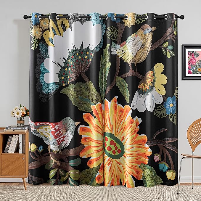 MYSKY HOME Black Boho Floral Blackout Curtains 84 inch Length 2 Panels Set for Living Room Thermal Insulated Black Out Energy Saving with Bird Patterned Grommet Drape for Dining Room, 52" x 84"