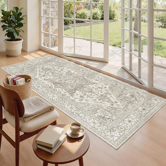 Madane Washable Runner Rug 3x6 Runners for Hallways Non Slip, Beige/Brown | Vintage Stain-Resistant 6 Feet Kitchen Rug, Soft Low-Pile Ultra-Thin Floor Carpet Mat for Bathroom Laundry Room Bedroom 2x6ft
