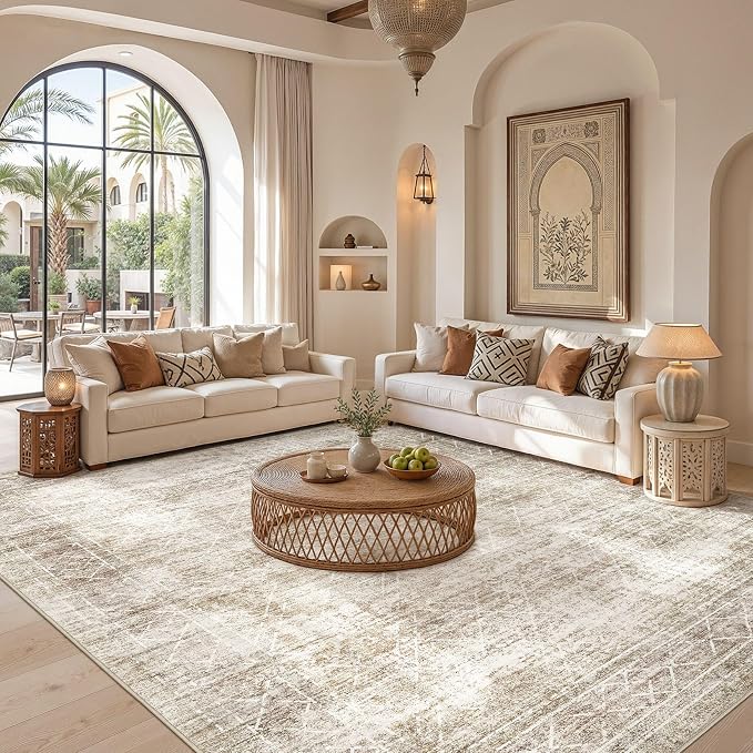 cotiled Washable Area Rugs 8x10 Living Room | Non Slip Backing, Stain Resistant, Pet Friendly, Large Neutral Soft Indoor Carpet For Bedroom, Nursery, Office, Beige/Brown