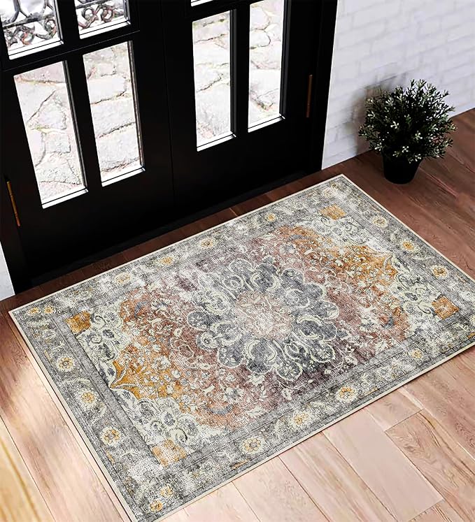 CHAMPLANT Area Rug 2x3 Washable Rug Door Mat Vintage Distressed Taupe Doormat Indoor Entrance Traditional Thin Floral Print Non Slip Carpet for Kitchen Bathroom Bedroom Living Room