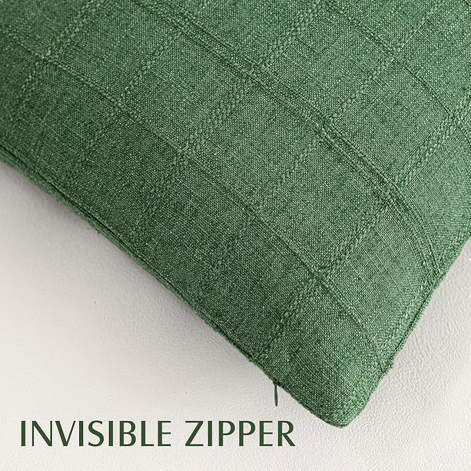 Foindtower Set of 2 Decorative Linen Check Throw Pillow Covers Neutral Farmhouse Vintage Cushion Covers Modern Boho Accent Home Decor for Sofa Chair Couch Bedroom Living Room,16×16 Inch,Forest Green