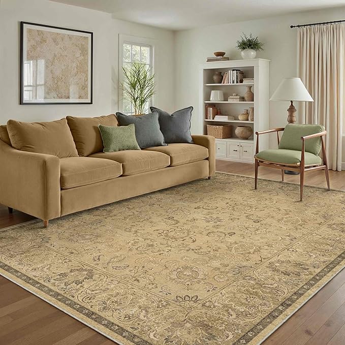 HUGEAR 6x9 Machine Washable Area Rugs Vintage Brown - Neutral Living Room Bedroom Rug Non Slip Stain Resistant Low Pile Aesthetic Throw Carpet Kids & Pet Friendly