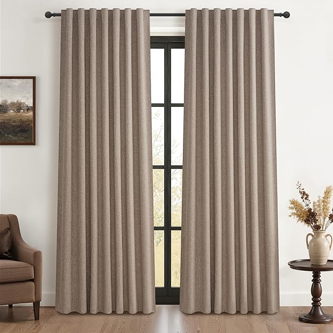 QJmydeco Dark Flax Black Out 92 Inch Long Boho Curtains 2 Panel Set, Farmhouse Curtain for Living Room Darkening/Thermal/Noise Reduction Textured Linen Drape Hook&Ring Included Chocolate 50" Wx92 L