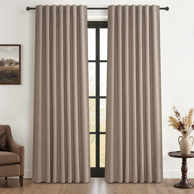 QJmydeco Dark Flax Black Out 92 Inch Long Boho Curtains 2 Panel Set, Farmhouse Curtain for Living Room Darkening/Thermal/Noise Reduction Textured Linen Drape Hook&Ring Included Chocolate 50" Wx92 L