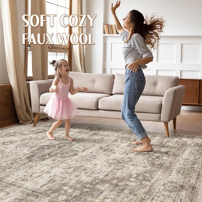 10x14 Area Rugs Living Room: Washable Boho Large Neutral Vintage Soft Rug Stain Resistant Farmhouse Non Slip Indoor Floor Carpet for Bedroom Nursery Kids Playroom Office Dining Room- Tan