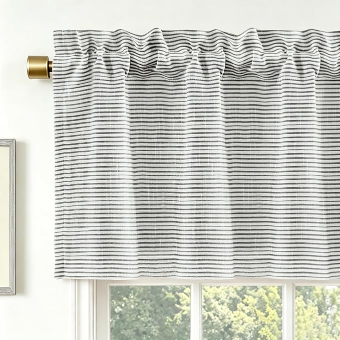 DriftAway Blackout Linen Ticking Striped Curtain Valance 18 Inches Black | Double Layer Farmhouse Country Rustic Stripe Yarn Dyed Woven Thermal Insulated Rod Pocket Valance for Living Room