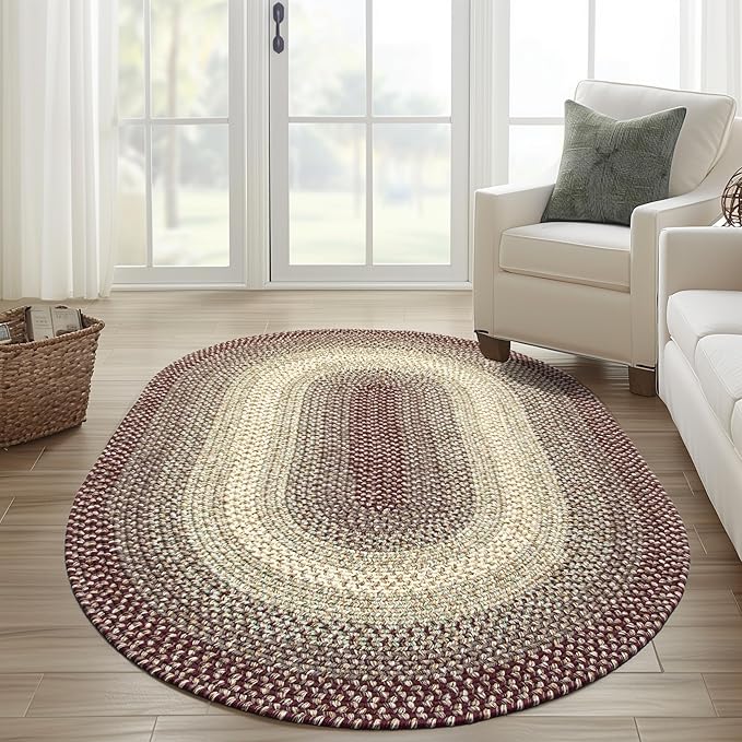 Super Area Rugs Braided Rugs 5X8 Farmhouse Kitchen Rug - Ridgewood Braided Rug for Living Room - Reversible - Indoor/Outdoor - Made in USA - Burgundy/Beige, 5' X 8' Oval