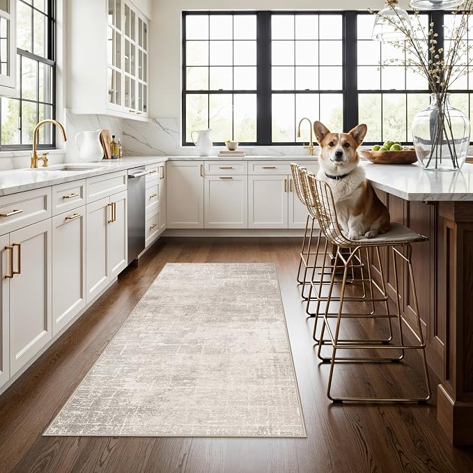 Washable 3x5 Kitchen Area Rug: Non-Slip Abstract Water-Resistant Entryway Doormat Soft Sink Fridge Bedroom Carpet Low Pile Stain-Resistant Bathroom Laundry Neutral Faded Floor Mat(3X5,Beige/Cream)