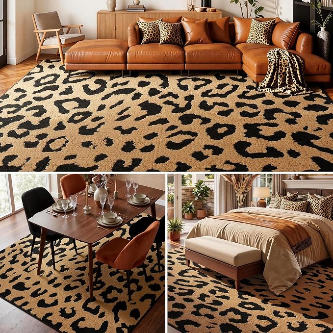 YIHOUSE 6×9 Ft Leopard Area Rugs, Washable High-Low Pile Plush Soft Rug, Non-Slip Non-Shedding Animal Cheetah Carpet for Living Room, Bedroom, Dining Room, Nursery, Home Decor