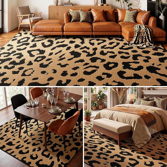 YIHOUSE 5×7 Ft Leopard Area Rugs, Washable High-Low Pile Plush Soft Rug, Non-Slip Non-Shedding Animal Cheetah Carpet for Living Room, Bedroom, Dining Room, Nursery, Home Decor