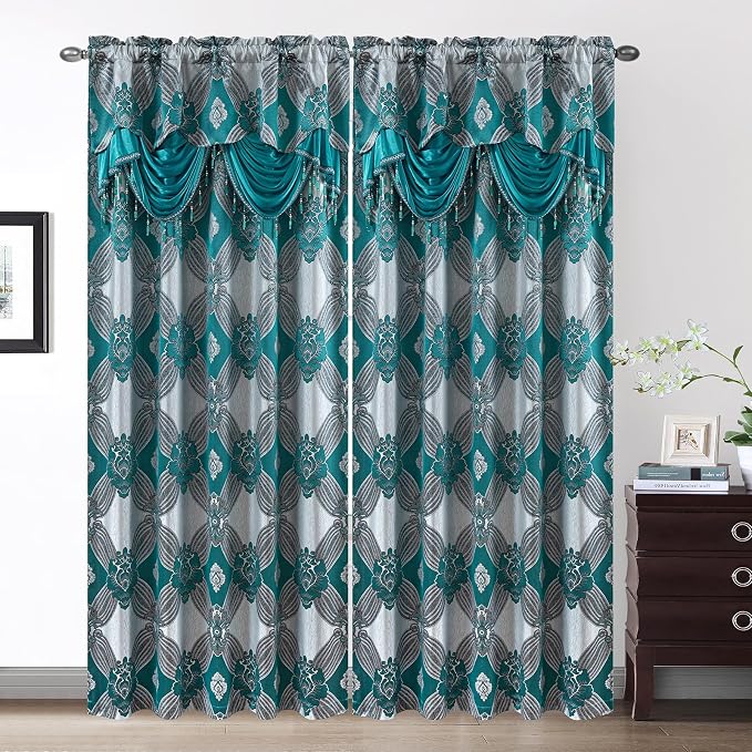 Petrichor Elegant Curtains with Gold Silver Threads 2 Panels Set - Luxury Window Treatment Attached Valance, Sheer Backing, and 2 Tie Backs for Bedroom and Living Room, 54x63 inches, Teal
