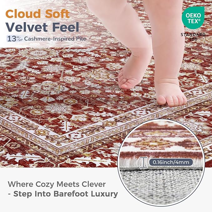 OPPODREAM Vintage Red Area Rugs 3x5, 3 x 5 Retro Washable Rug Non Slip, Low-Pile Faux Wool Carpet, Distressed Floor Mat for Living Room, Bedroom, Kitchen, Office, Dorm, Dinning Room