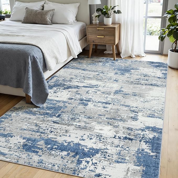 Area Rugs 5x7 Living Room: Large Soft Washable Rug Modern Abstract Anti-Skid Non-Shedding Carpet Indoor Floor Thin Carpets for Bedroom Dining Room Farmhouse Nursery Home Office Grey Blue