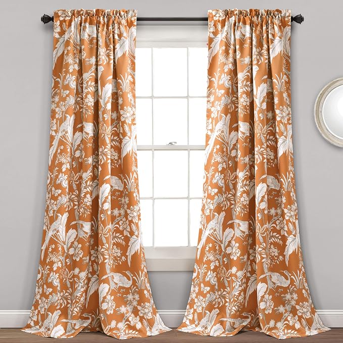 Lush Decor Dolores Light Filtering Window Panels, Pair, 52" W x 84" L, Orange - Floral Curtains for Bedroom - Vintage Curtains - Coquette Room Decor