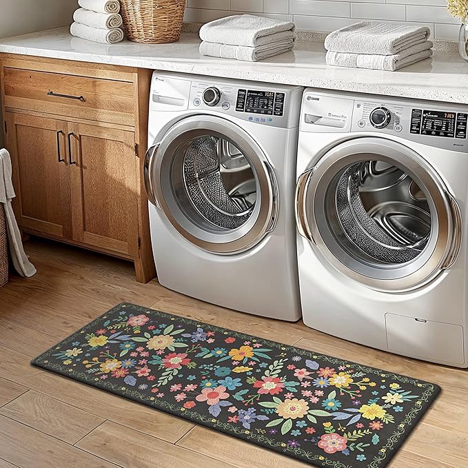 GENIMO Kitchen Mats for Floor 2PCS, Cushioned Kitchen Rugs Non Slip Washable, Farmhouse Anti Fatigue Mat Waterproof, Comfort Standing Mat Rug for Office, Home, Laundry, 17.3"x47"+17.3"x30", Black