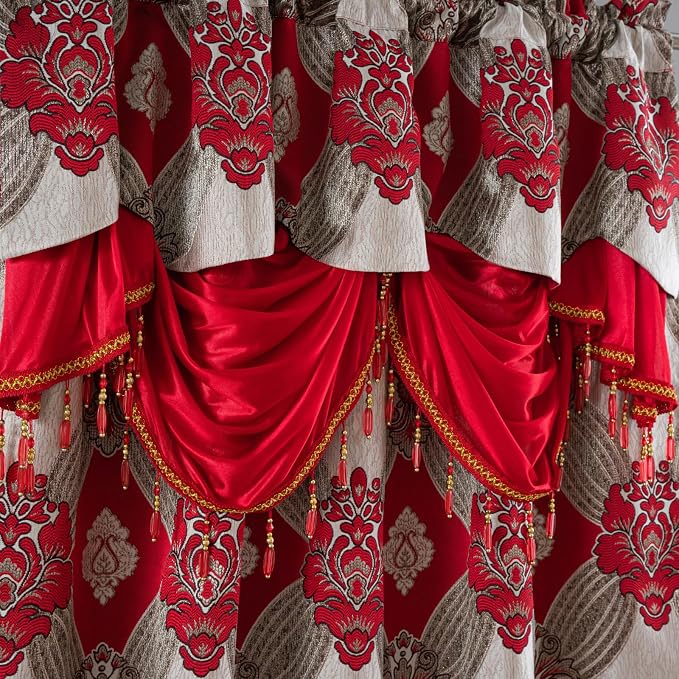 Petrichor Elegant Curtains with Gold Silver Threads 2 Panels Set - Luxury Window Treatment Attached Valance, Sheer Backing, and 2 Tie Backs for Bedroom and Living Room, 54x95 inches, Red