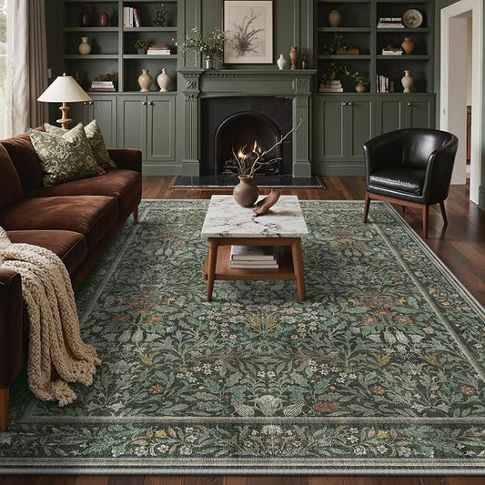 GENIMO 10x14 Washable Area Rugs for Living Room, Non Slip, Dusty Sage Green | Vintage Boho Floral Low Pile Thin Carpet for Bedroom, Dining Room, Nursery, Indoor Decor