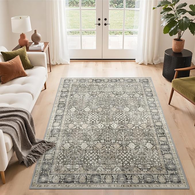 Bavni Washable Rugs 4x6 Machine Washable Rug Lightweight Low Pile, Vintage Floral Rug Non-Shedding Distressed Throw Carpet for Living Room Bedroom Office, Beige Brown