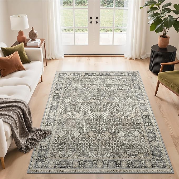 Bavni Washable Rugs 10x14 Machine Washable Rug Lightweight Low Pile, Vintage Floral Rug Non-Shedding Distressed Throw Carpet for Living Room Bedroom Office, Beige Brown