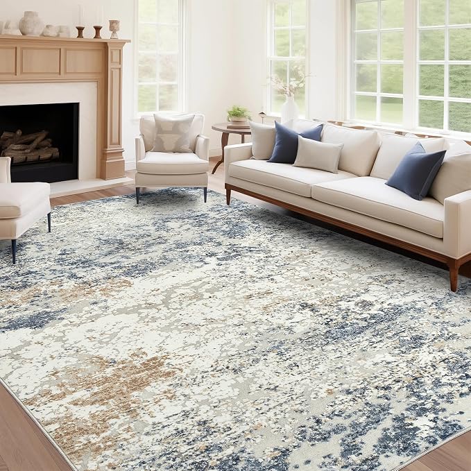 Art&Tuft Washable Rugs 7x9, Anti-Slip Backing Abstract Area Rug 7x9, Stain Resistant Rugs for Living Room, Foldable Machine Washable Area Rug(7'x9', Blue)