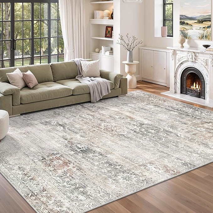 Soalmost 6x9 Area Rugs for Living Room, Washable Bedroom Soft Rug Taupe | Vintage Floral Stain Resistant Non-Slip Low Pile Throw Large Carpet for Dining Room Kitchen Home Office Nursery 6'x9'