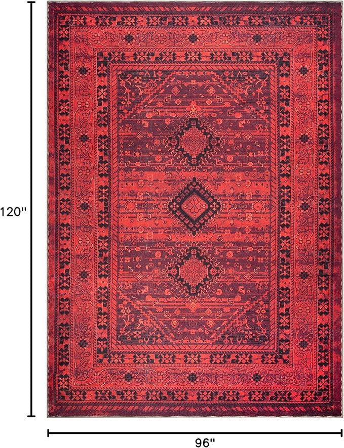 Bloom Rugs Washable Non-Slip 8' x 10' Rug - Red Traditional Bordered Area Rug for Living Room, Bedroom, Dining Room, and Kitchen - Exact Size: 8' x 10'