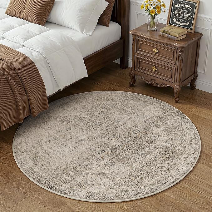 FMFUNCTEX 3ft Round Washable Area Rug Taupe Vintage Neutral Distressed Small Non Slip Carpet for Living Room Bedroom Soft Low Pile Indoor Mat Retro Thin Throw Rug for Entryway Bathroom Bedside
