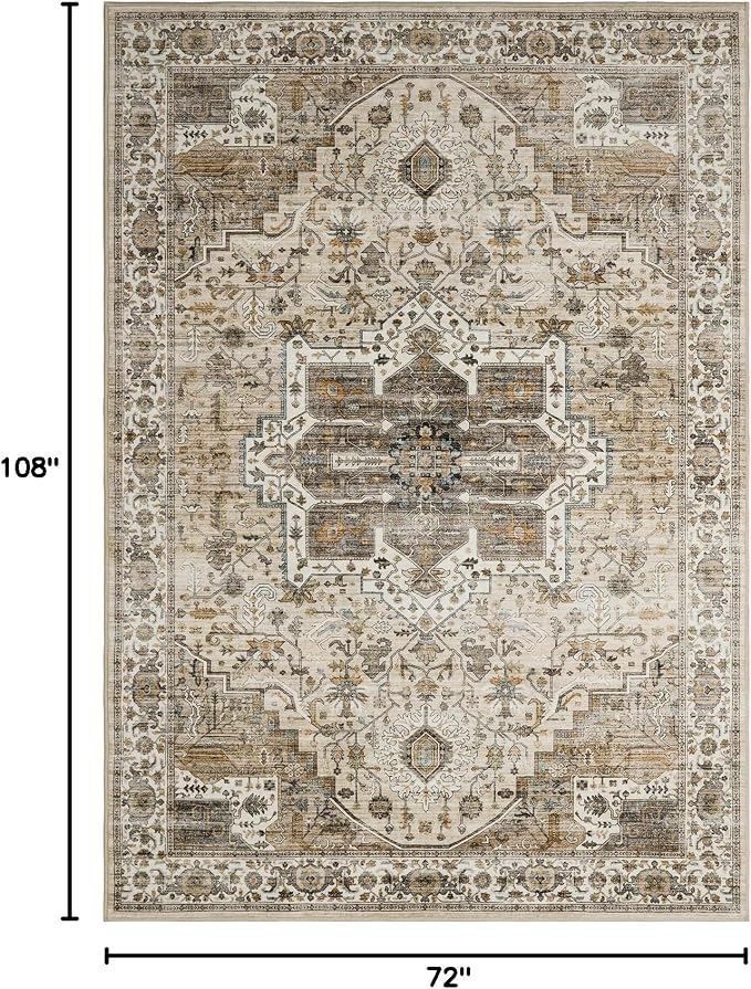 Roxstand 6x9 Washable Area Rug, Vintage Non Slip Rug, Beige/Brown | Large Area Rug, Non-slip Backing,Floral Vintage, Low Pile, For Living Room, Bedroom, Dining Room, Office