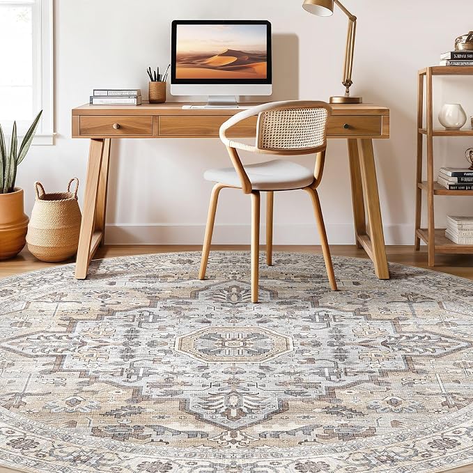 Round Rug Living Room Rugs: 10x10 Washable Boho Neutral Large Circle Soft Indoor Distressed Stain Resistant Floor Farmhouse Carpet for Bedroom Nursery Kids Playroom Office Dining Room Dorm- Cream Gray