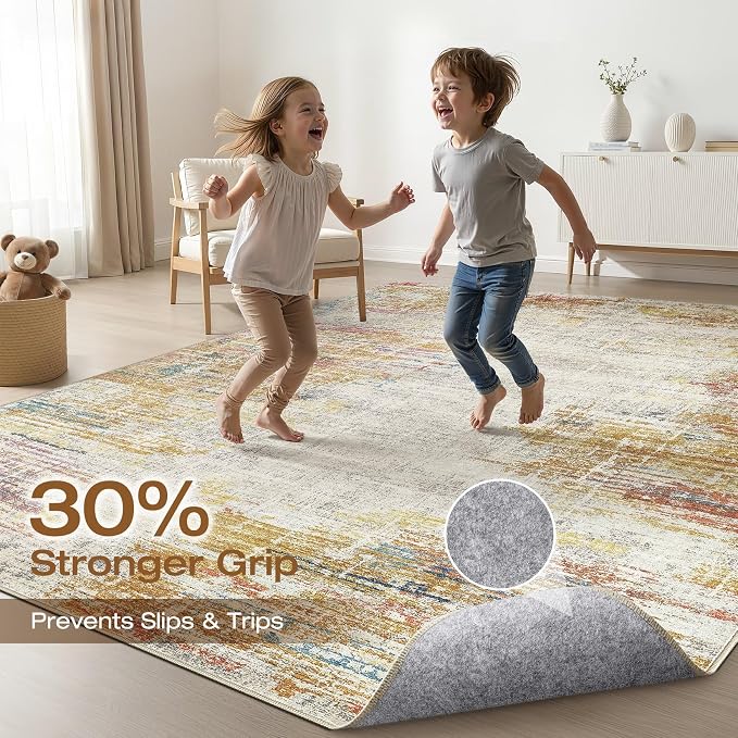 9x12 Area Rugs Living Room: Washable Large Neutral Rug Abstract Soft Modern Stain Resistant Indoor Floor Non-Slip Carpet for Bedroom Nursery Kids Classroom Playroom Dining Room Office- Gold Colorful