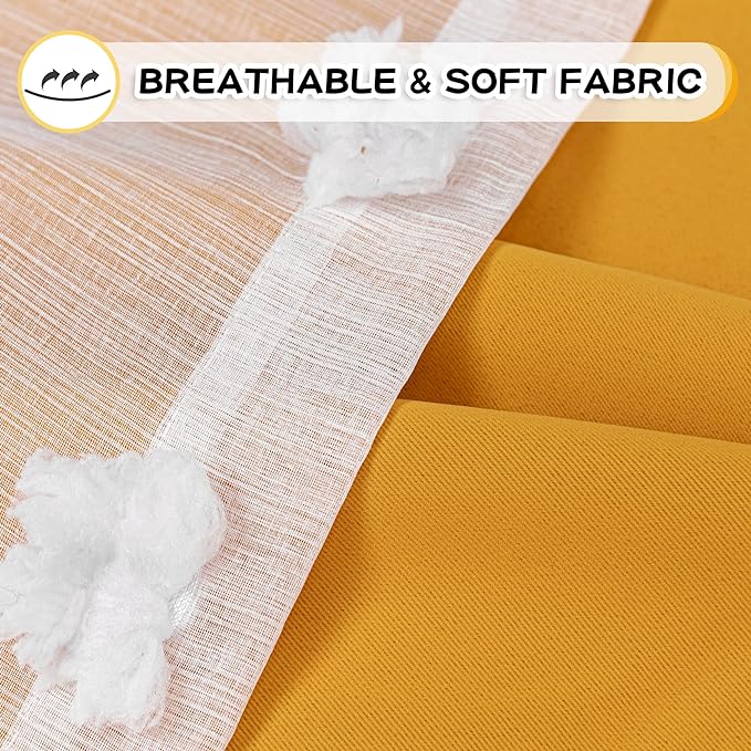 MYSKY HOME Yellow Curtains for Living Room Nursery Curtains 84 Inch Long Double Layer Curtains for Kids Room White Pom Pom Sheer Blackout Grommet Room Darkening Window Curtains 2 Panels Set 52" x 84"