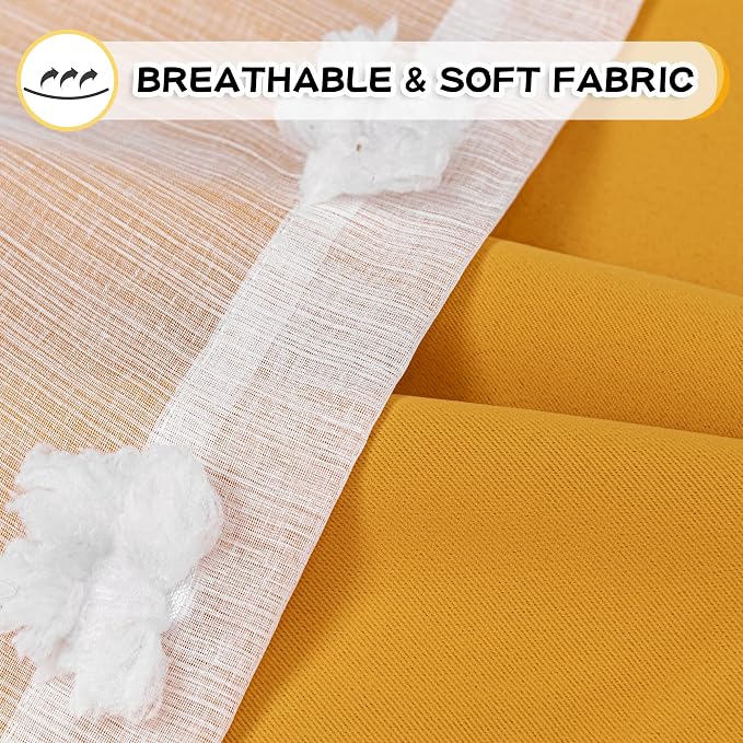 MYSKY HOME Nursery Curtains Yellow Double Layer Curtains for Bedroom 63 Inch Long Curtains for Kids Room Kithen White Pom Pom Sheer Grommet Room Darkening Window Curtains 2 Panels Set, 52 x 63 Inch