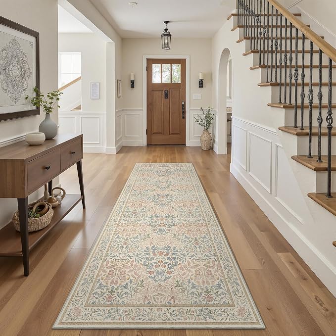GENIMO 2.5x10 Washable Long Runner Rug, Non Slip Hallway Mat, Beige Pink | Vintage Boho Floral Low Pile Thin Mat for Entryway, Kitchen, Bedroom, Indoor Decor