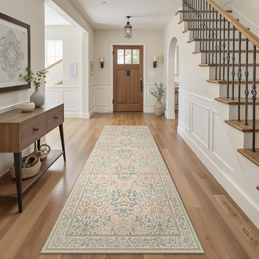 GENIMO 2.5x10 Washable Long Runner Rug, Non Slip Hallway Mat, Beige Pink | Vintage Boho Floral Low Pile Thin Mat for Entryway, Kitchen, Bedroom, Indoor Decor
