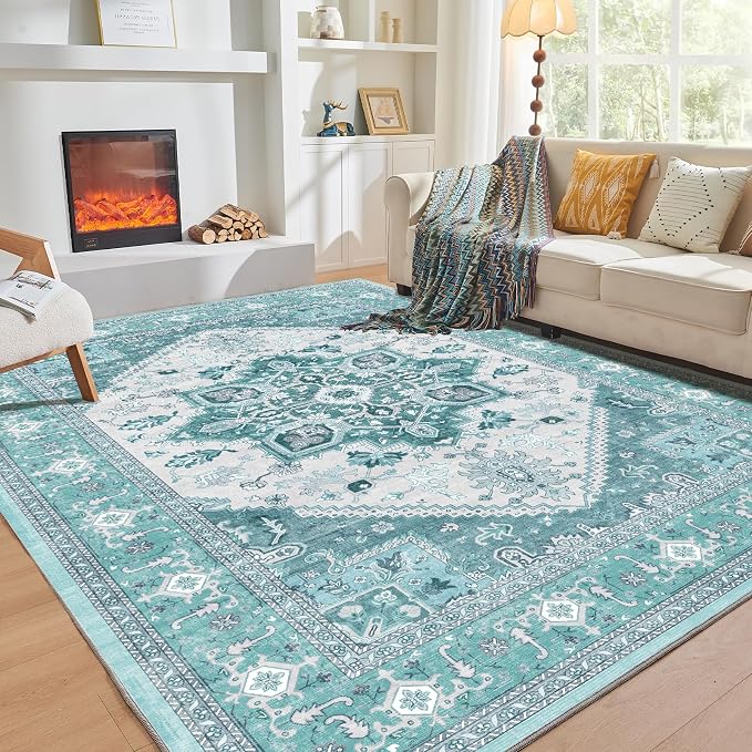 OPPODREAM Soft Area Rugs 9x12 Living Room, Washable Rugs 9x12 with Non Slip Backing, Faux Cashmere Low-Pile 9 x 12 Carpet, Teal & Turquoise & Cream