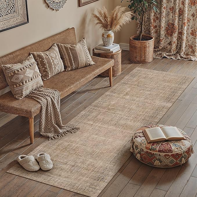 HUGEAR Retro 2x8 Washable Runner Rugs Brown Hallway Bedroom Kitchen Throw Carpet Vintage Distressed Neutral Stain Resistant Non Slip & Shedding Low Pile for Home Aesthetic Decor
