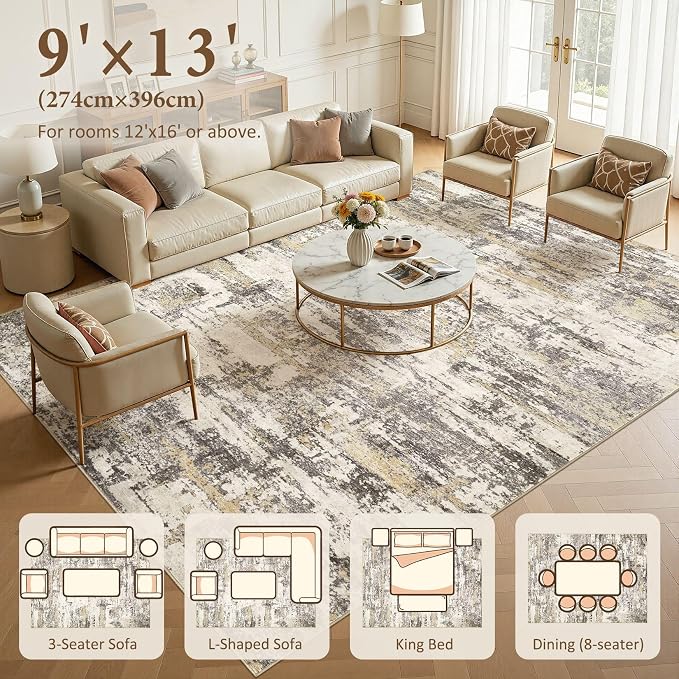 Area Rugs for Living Room: 9x13 Abstract Washable Rug Modern Neutral Large Soft Stain Resistant Non-Slip Backing Machine Table for Bedroom Dining Room Indoor Home Office Carpet - Gold Brown