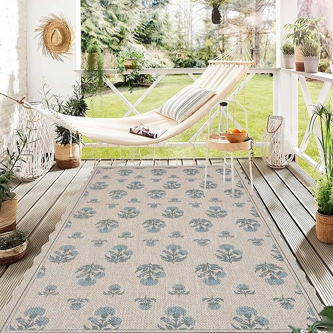 ORTIGIA Scalloped Easy Jute 3x5 Area Rug Vintage Blue Floral Farmhouse Washable Rug Non-Slip Indoor Outdoor Carpet for Living Room Bedroom Kitchen Patio Entryway