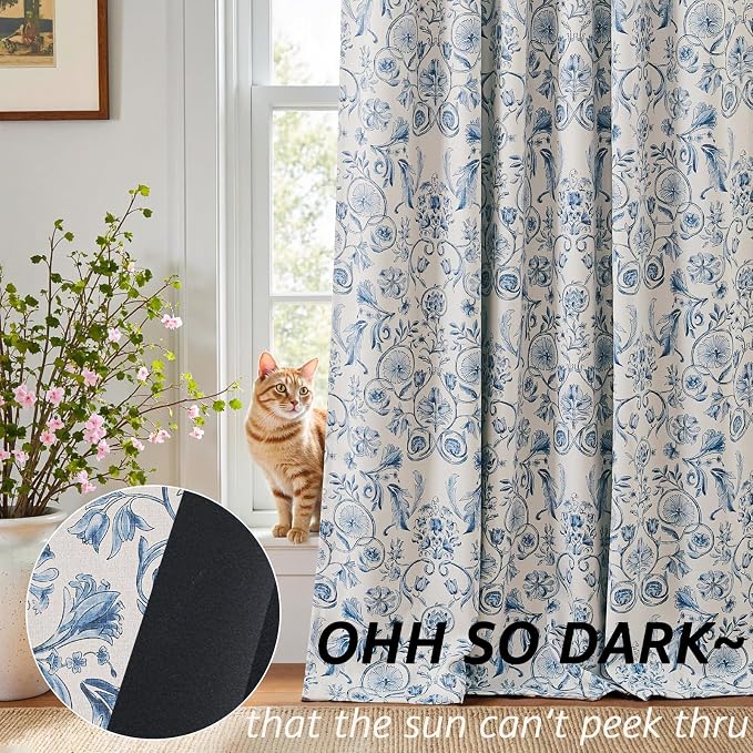 jinchan Floral Blackout Curtains for Bedroom Living Room 84 Inches Length Farmhouse Curtains Room Darkening Vintage Drapes Traditional Rod Pocket Window Treatment 2 Panels Set Blue on Beige