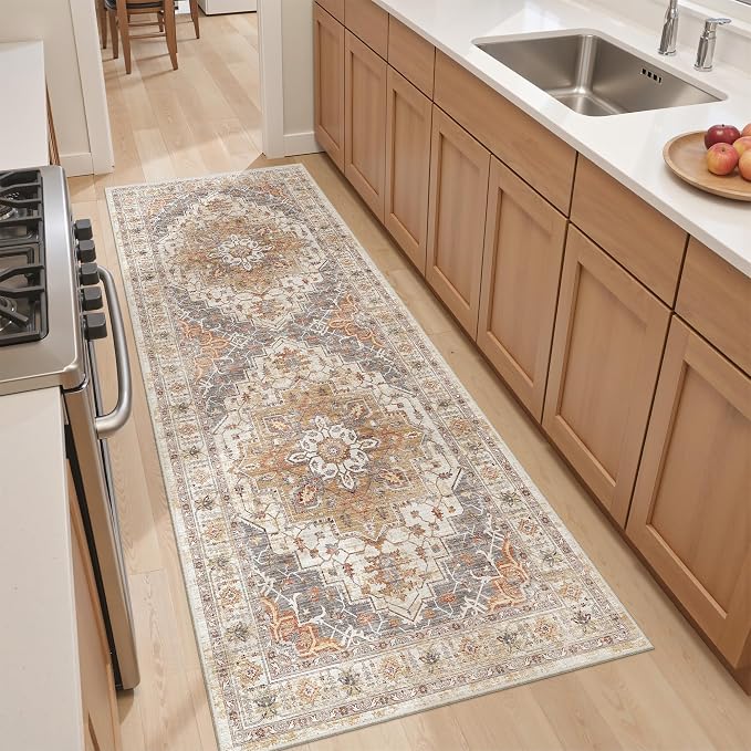 befbee Washable Runner Rug 2x6 Hallway Runner Rug Ultra-Thin Kitchen Rug Non Slip Indoor Floor Foldable Carpet with Low Pile for Entryway Bathroom Laundry Room Living Room(Turmeric/Grey,2'x6')