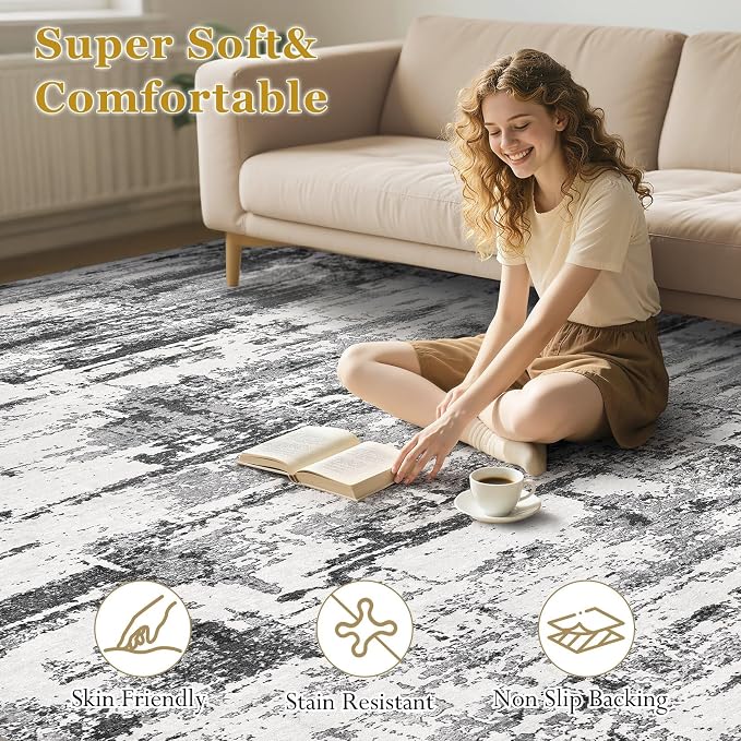 Area Rugs for Living Room: 9x13 Abstract Washable Rug Modern Neutral Large Soft Stain Resistant Non-Slip Backing Machine Table for Bedroom Dining Room Indoor Home Office Carpet - Black Grey
