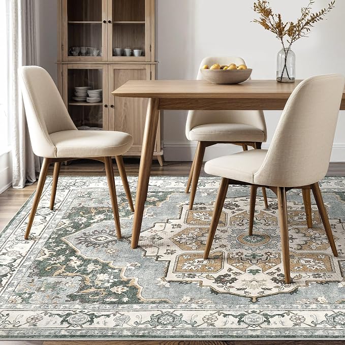 6x9 Washable Area Rug: Vintage Neutral Soft Non Slip Thin Large Floor Carpet for Living Room Bedroom Kitchen Dining Room Home Office Farmhouse Indoor - Green