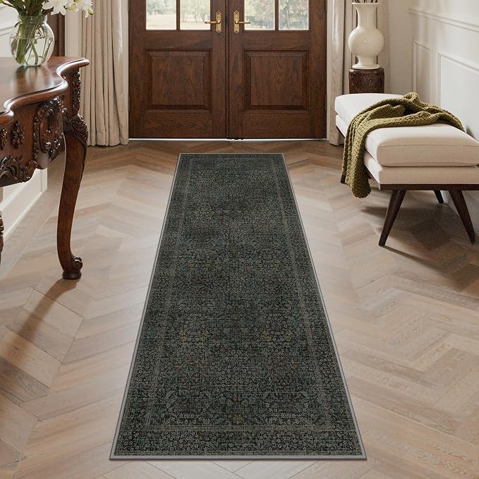 GENIMO 2x6 Washable Runner Rug, Non Slip Hallway Mat, Charcoal Green | Vintage Boho Floral Low Pile Thin Mat for Entryway, Kitchen, Bedroom, Indoor Decor