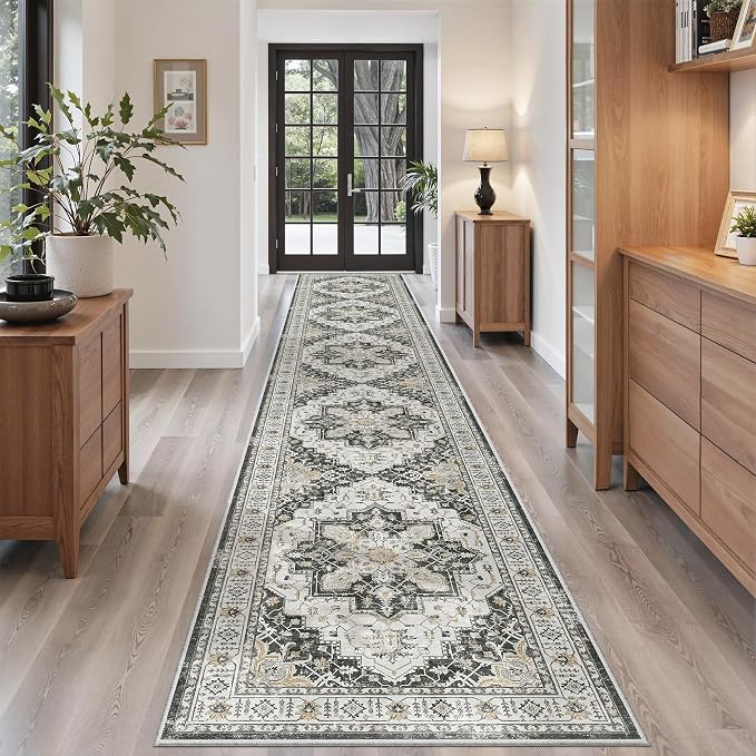 Madane Hallway Runner Rug 2'6''x14' Kitchen Runners Vintage, Black | Long Non-Slip Washable Rugs 14ft for Entryway Laundry and Bedroom, Stain-Resistant Low-Pile 2.5x14 Ft Floor Carpet