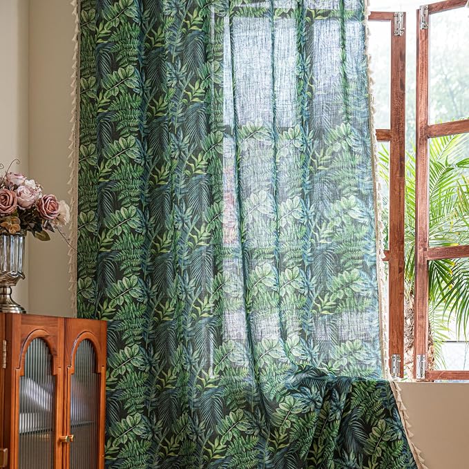 Deeprove Boho Curtains Pair Tropical Botanical Leaves Print 84 Inches Long with Tassels Window Treatments for Bedroom Living Room Home Office Cafe Decor Privacy 2 Panels Draperies 52W x 84L
