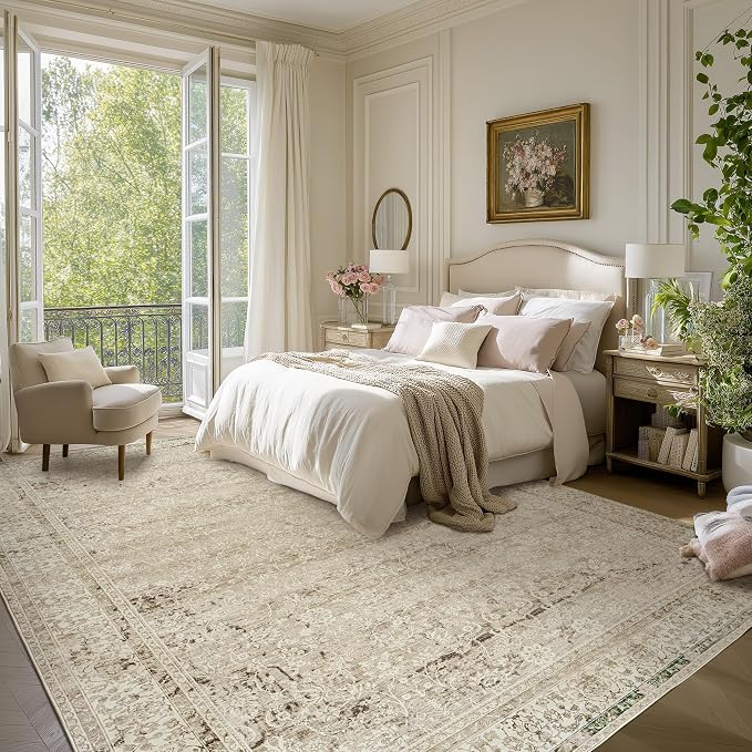Cream and Light Tan Area Rugs Washable Rug for Living Room Bedroom, Distressed Floral Boho Vintage Style Non Slip Soft Rug Extra Large Carpet for Dining Room 9x12
