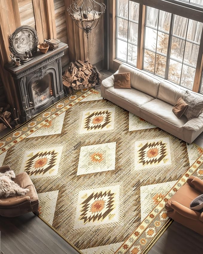 BESTSWEETIE Area Rug 10x14 Rug Machine Washable Non-Slip Low Pile Print Pattern Western Rug for Living Room Bedroom Entryway Tribal Series -Cream/Camel